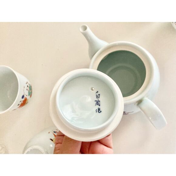 Chinese Tea Set White Porcelain Ceramic 5 PC Clowns Musicians Unique - Picture 7 of 8